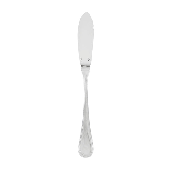 Contour fish knife by Sambonet in stainless steel with polished mirror finish, featuring sleek blade and refined handle.