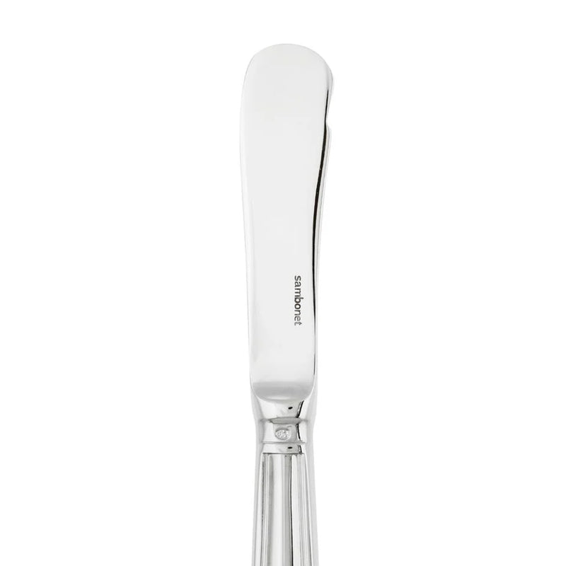 Contour butter knife by Sambonet in stainless steel with polished mirror finish, close-up on blade.
