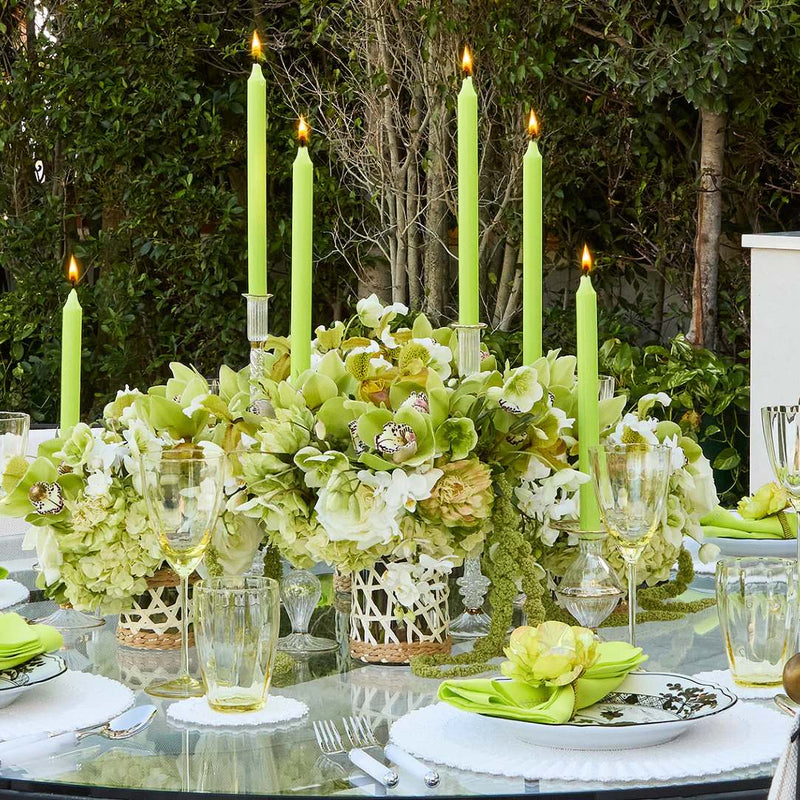 Full spring table with Gardenia Napkin Rings in citron by Kim Seybert, styled in lime and green hues
