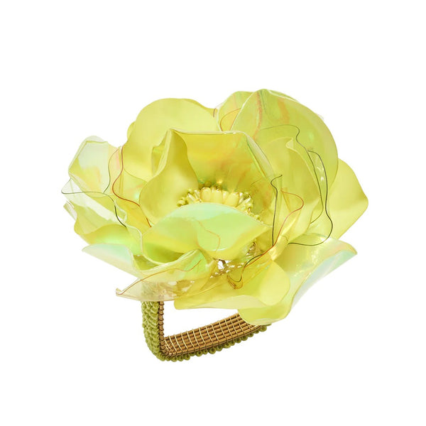 Citron Gardenia Napkin Ring by Kim Seybert on white background, showing hand-layered sequins and beaded metal ring