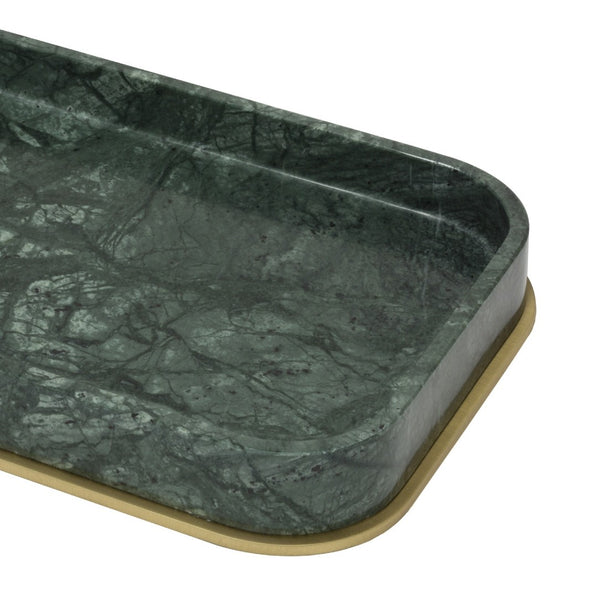 Green marble tray with gold edge on a white background