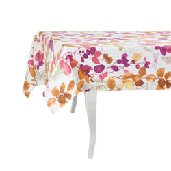 Floral patterned tablecloth on a white table