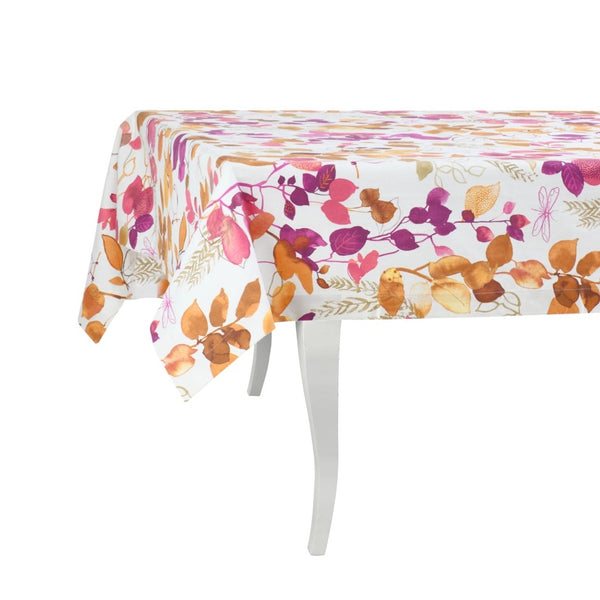 Floral patterned tablecloth on a white table