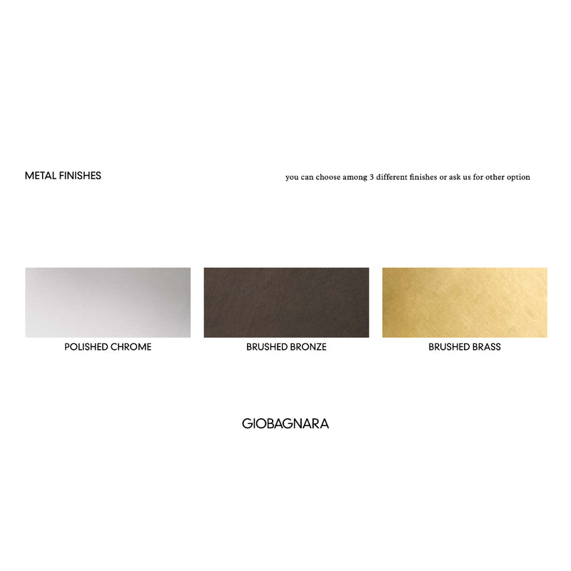 Metal finishes color swatches with 'Polished Chrome', 'Brushed Bronze', and 'Brushed Brass' for Positano long marble valet tray in Travertino by Giobagnara