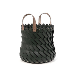 'Almeria' Medium Round Storage Basket With Handles, Vegan Leather in Green by Pinetti