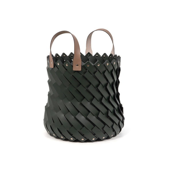 'Almeria' Medium Round Storage Basket With Handles, Vegan Leather in Green by Pinetti