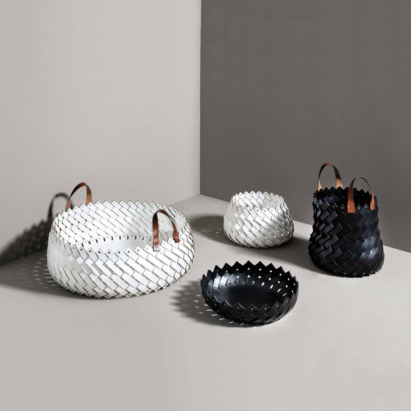 'Almeria' Short Large Round Storage Basket With Handles, Vegan Leather in White by Pinetti