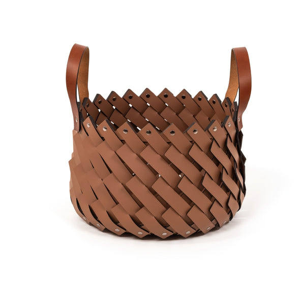 'Almeria' Small Round Storage Basket With Handles, Vegan Leather in Camel Brown by Pinetti