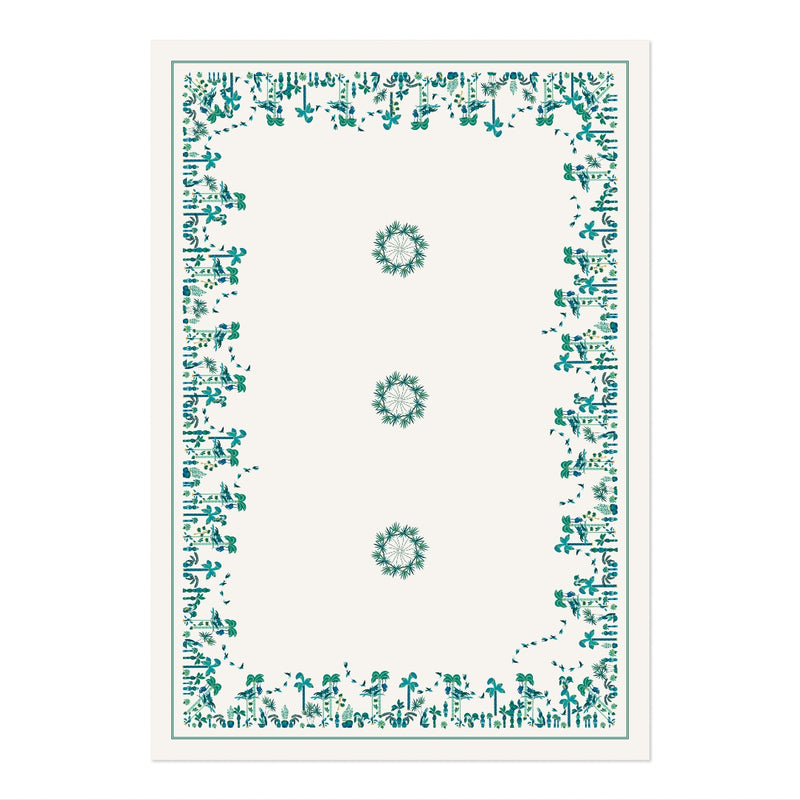 a rectangular white card with blue and green design
