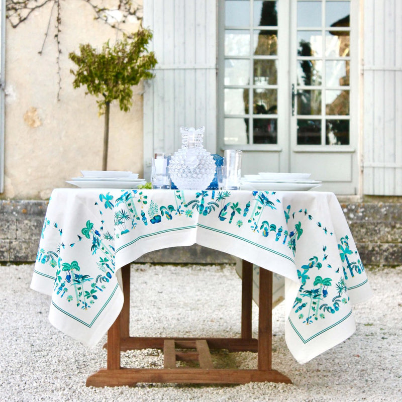 a table with a tablecloth on it