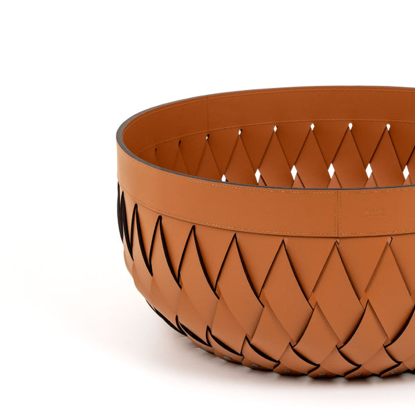 'Canaria' Large Round Storage Basket, Vegan Leather in Camel Brown by Pinetti