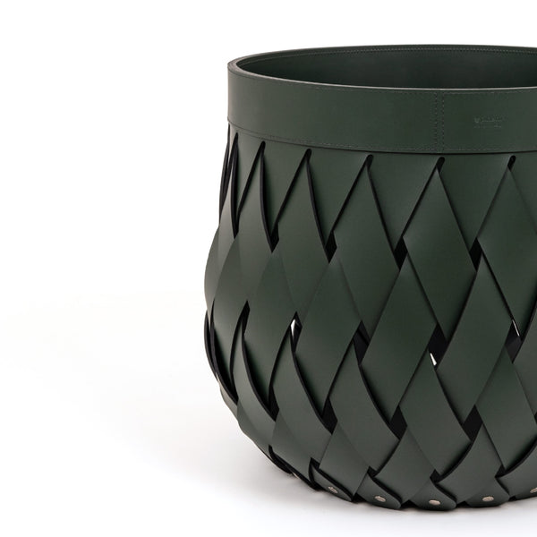 'Canaria' Medium Round Storage Basket, Vegan Leather in Hunter Green by Pinetti