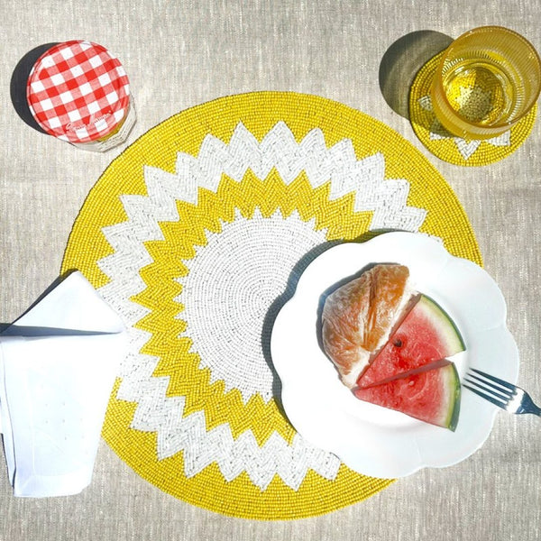 'Capri' Hand Beaded Yellow And White Placemats by Von Gern Home - Set of 4