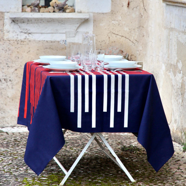 'Chassé Croisé' Tablecloth in Blue with Red and White stripes by Alto Duo