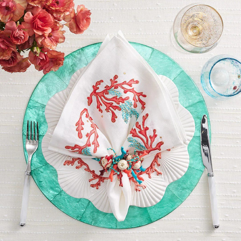 Coral Spray Napkin in White, Coral & Turquoise by Kim Seybert | Set of 4