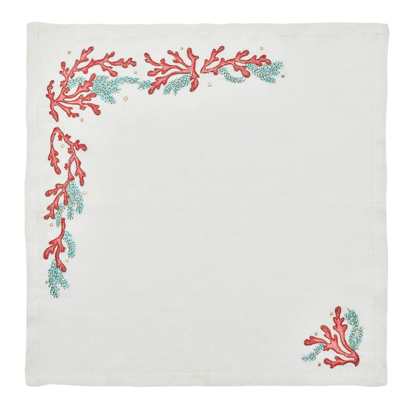 Coral Spray Napkin in White, Coral & Turquoise by Kim Seybert | Set of 4