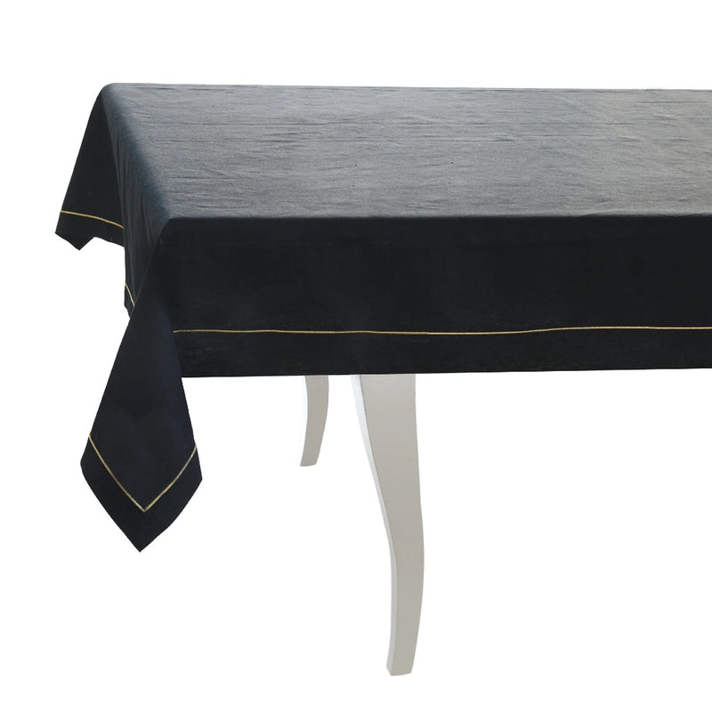 Royal Black Linen Tablecloth with Gold Border by Roseberry Home