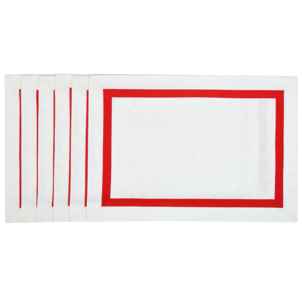 White Cotton Placemat with Red Stripe Border by Roseberry Home | Set of 6