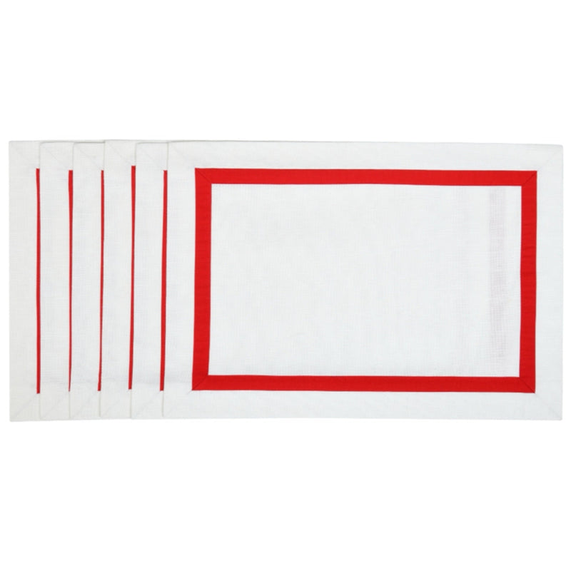 White Cotton Placemat with Red Stripe Border by Roseberry Home | Set of 6