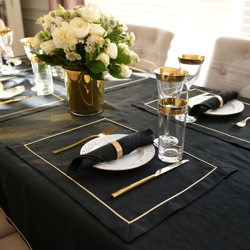 Royal Black Linen Tablecloth with Gold Border by Roseberry Home