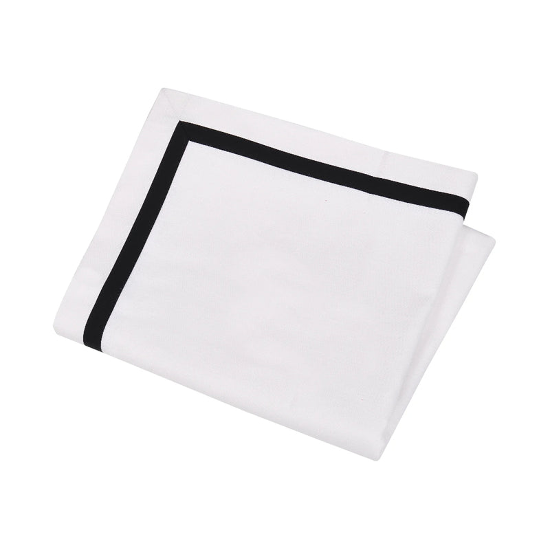 Elegant white tablecloth with black stripe border made from 100% Italian cotton.