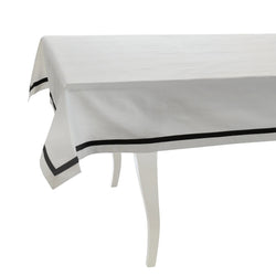 Elegant white tablecloth with black stripe border made from 100% Italian cotton.