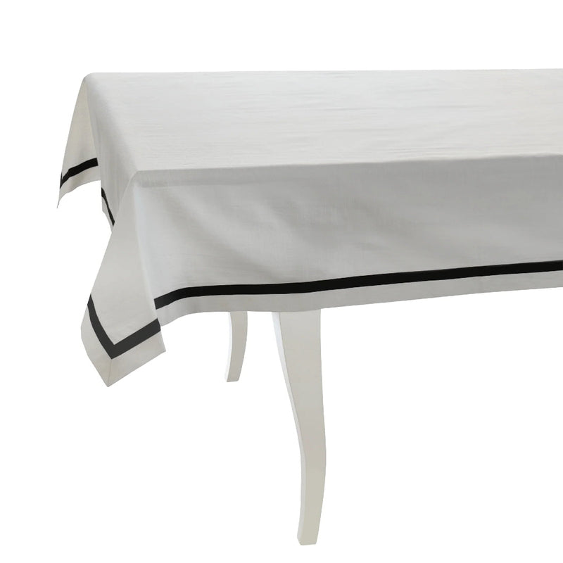 Elegant white tablecloth with black stripe border made from 100% Italian cotton.