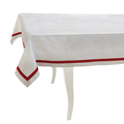 Elegant white tablecloth with red stripe border made from 100% Italian cotton.