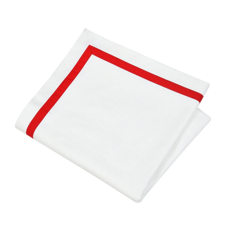 Elegant white tablecloth with red stripe border made from 100% Italian cotton.