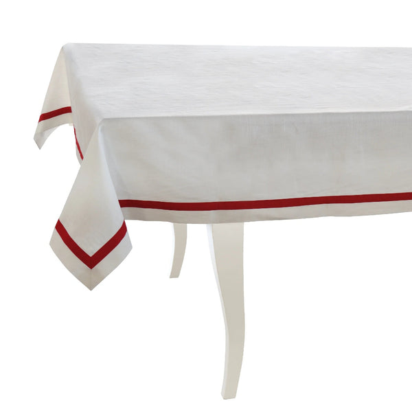 Elegant white tablecloth with red stripe border made from 100% Italian cotton.