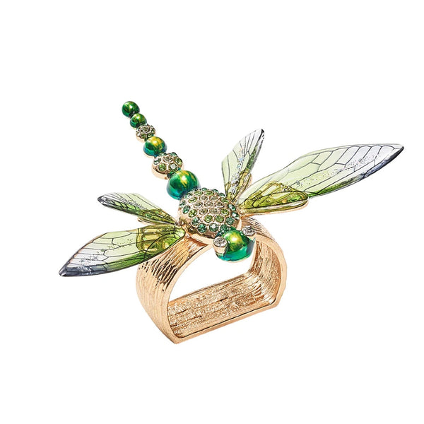 Front view of green Dragonfly Napkin Ring by Kim Seybert with ombre acrylic wings