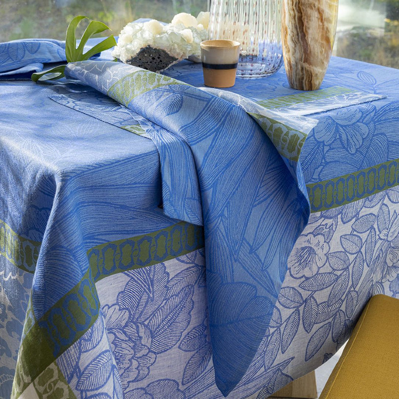 'Escapade Tropicale' Linen Tablecloth in Blue by Le Jacquard Français