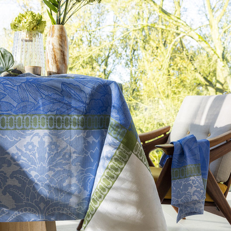'Escapade Tropicale' Linen Tablecloth in Blue by Le Jacquard Français