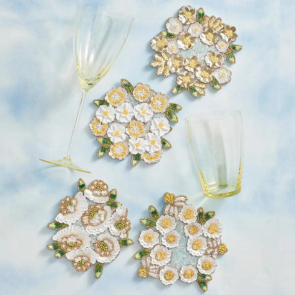 Gardenia Drink Coasters in Sky, White & Yellow by Kim Seybert |Set of 4 in a Gift Bag