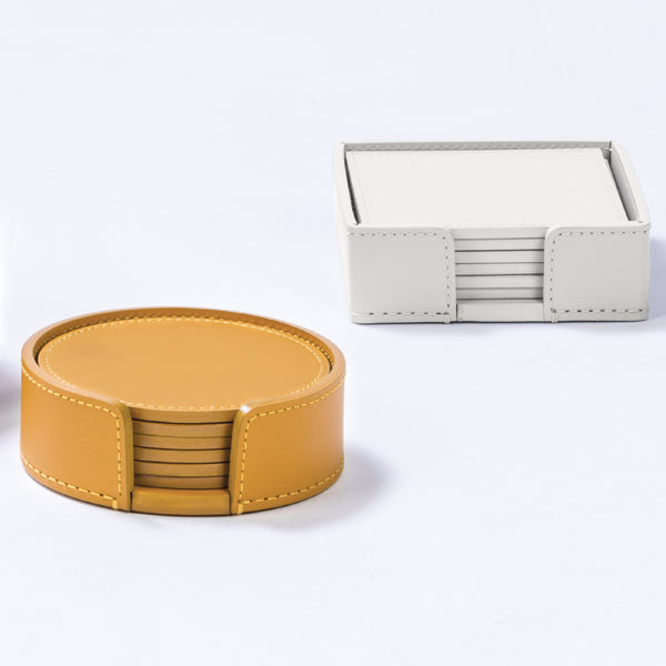'Acquarello' Square Regenerated Leather Coasters with Coaster Holder by Rudi x Giobagnara | Set of 6