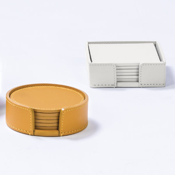 'Acquarello' Round Regenerated Leather Coasters with Coaster Holder by Rudi x Giobagnara | Set of 6