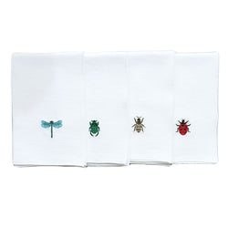Insetti Collection Linen Napkins in White With Embroidered Insect Motifs by Giardino Segreto | Set of 4
