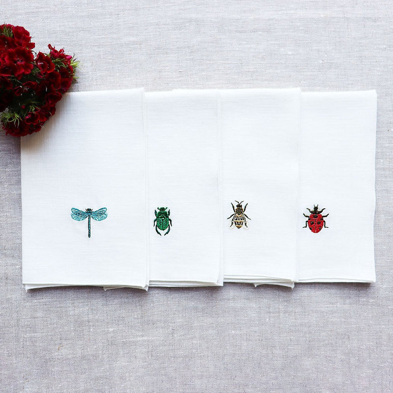 Insetti Collection Linen Napkins in White With Embroidered Insect Motifs by Giardino Segreto | Set of 4