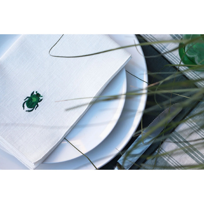 Insetti Collection Linen Napkins in White With Embroidered Insect Motifs by Giardino Segreto | Set of 4