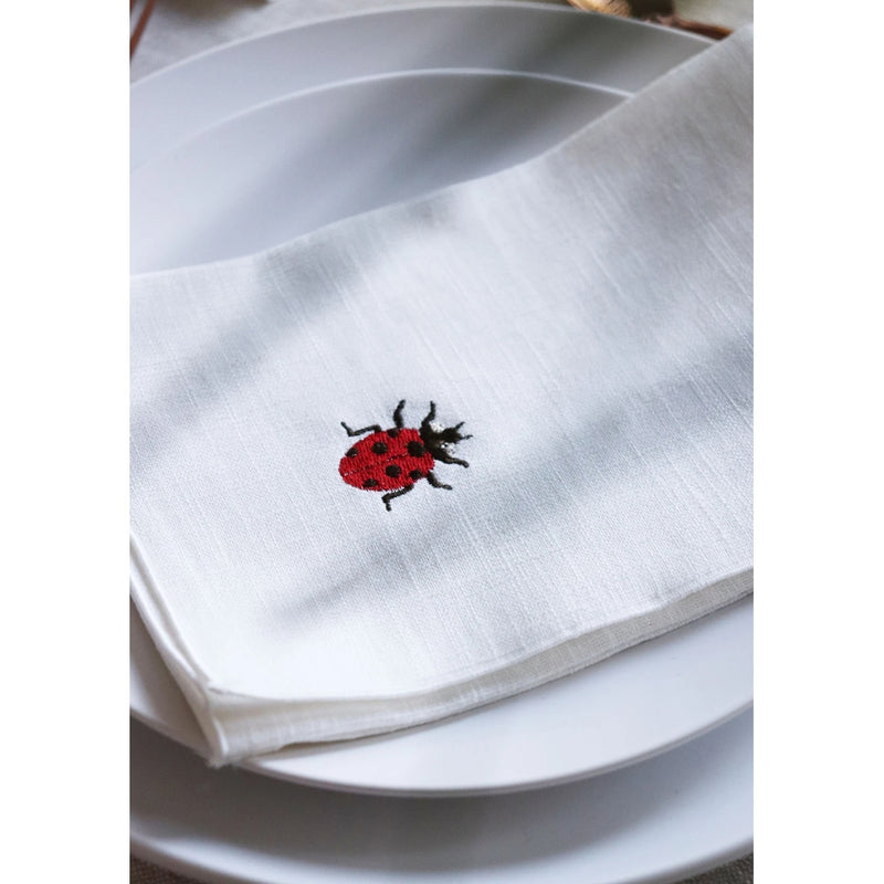 Insetti Collection Linen Napkins in White With Embroidered Insect Motifs by Giardino Segreto | Set of 4