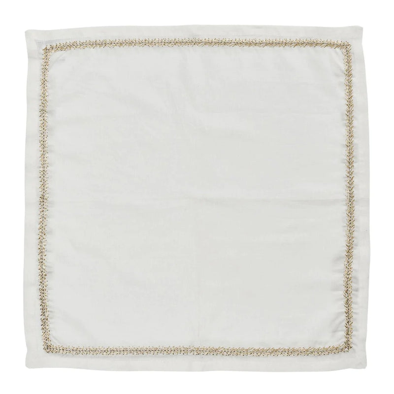 Unwrapped Jardin linen napkin with gold and silver embroidery on white background, sold by Amiramour