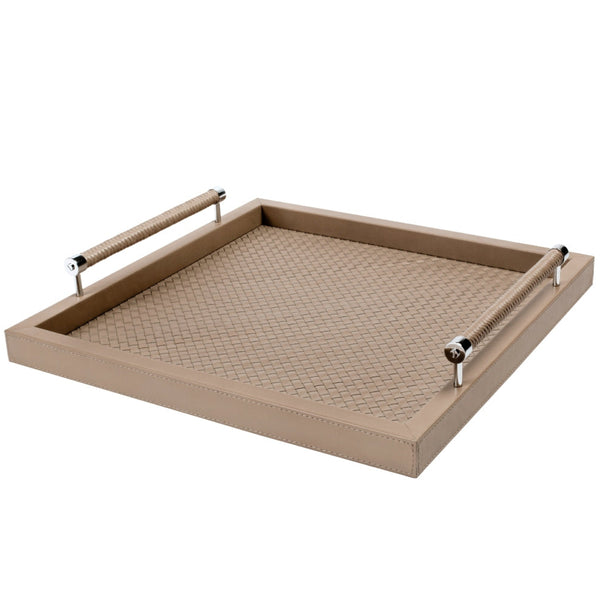Square Handwoven Tray 'Diana' with Leather Lining and Handles in Taupe by Riviere x Giobagnara