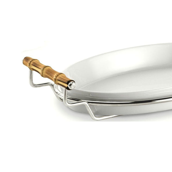 'Linea' Porcelain Oval Serving Dish On Silver-Plated Stand With Bamboo Handles by Schiavon