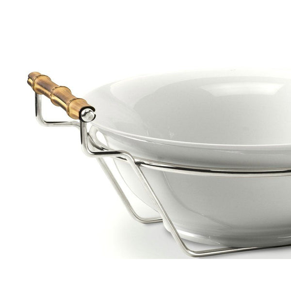 'Linea' Porcelain Round Spaghetti Dish On Silver-Plated Stand With Bamboo Handles by Schiavon