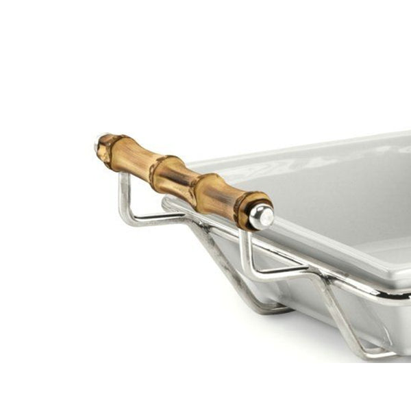 'Linea' Porcelain Square Salad Bowl On Silver-Plated Stand With Bamboo Handles by Schiavon