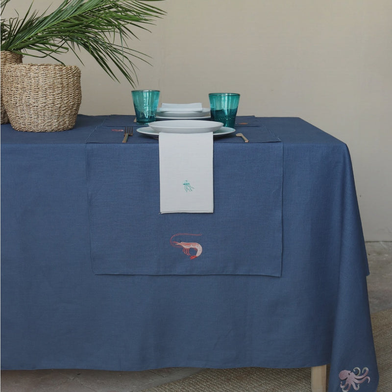 Marina Collection Linen Napkins in White With Embroidered Sea Life Motifs by Giardino Segreto | Set of 4