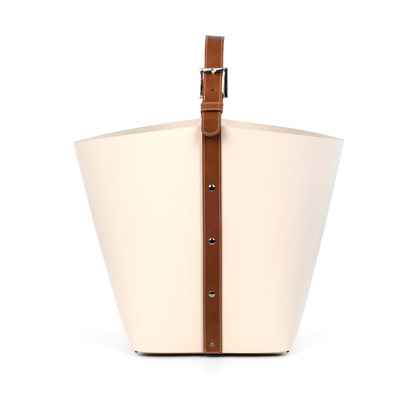 'Ovo' Big Storage Basket With Handle, Vegan Leather in Cream by Pinetti