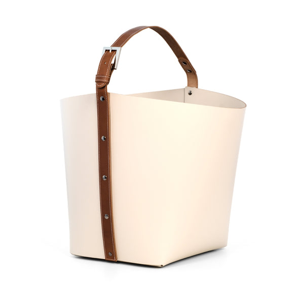 'Ovo' Big Storage Basket With Handle, Vegan Leather in Cream by Pinetti