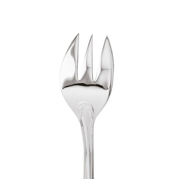 Oyster fork Lauriers silver plated showing its wide tines.