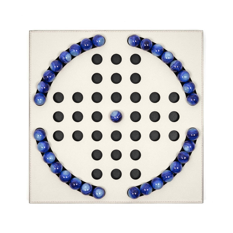 Peg Solitaire in Cream Grained Leather With Blue Pawns by Pinetti